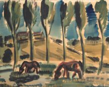 Rabus, Carl (1898 Kempten-1983 Murnau am Staffelsee) "Landschaft mit grasenden Pferden",Aquarell,
