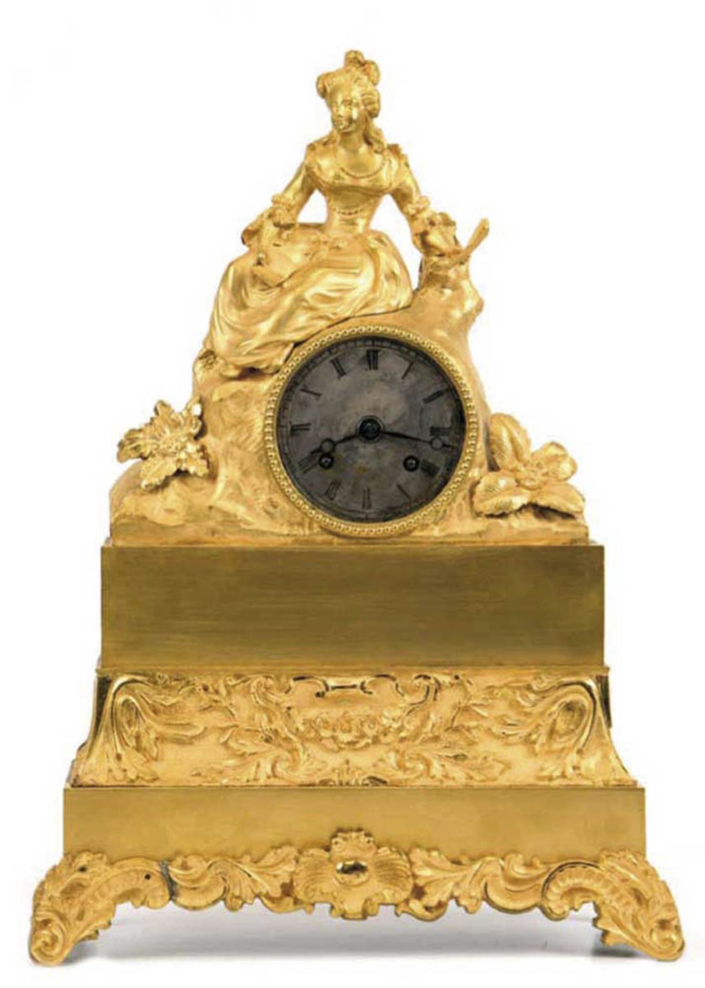 Pendule, um 1850, vergoldetes Bronzegehäuse mit Damenfigur mit Fächer, Fadenaufhängung,Schlag auf