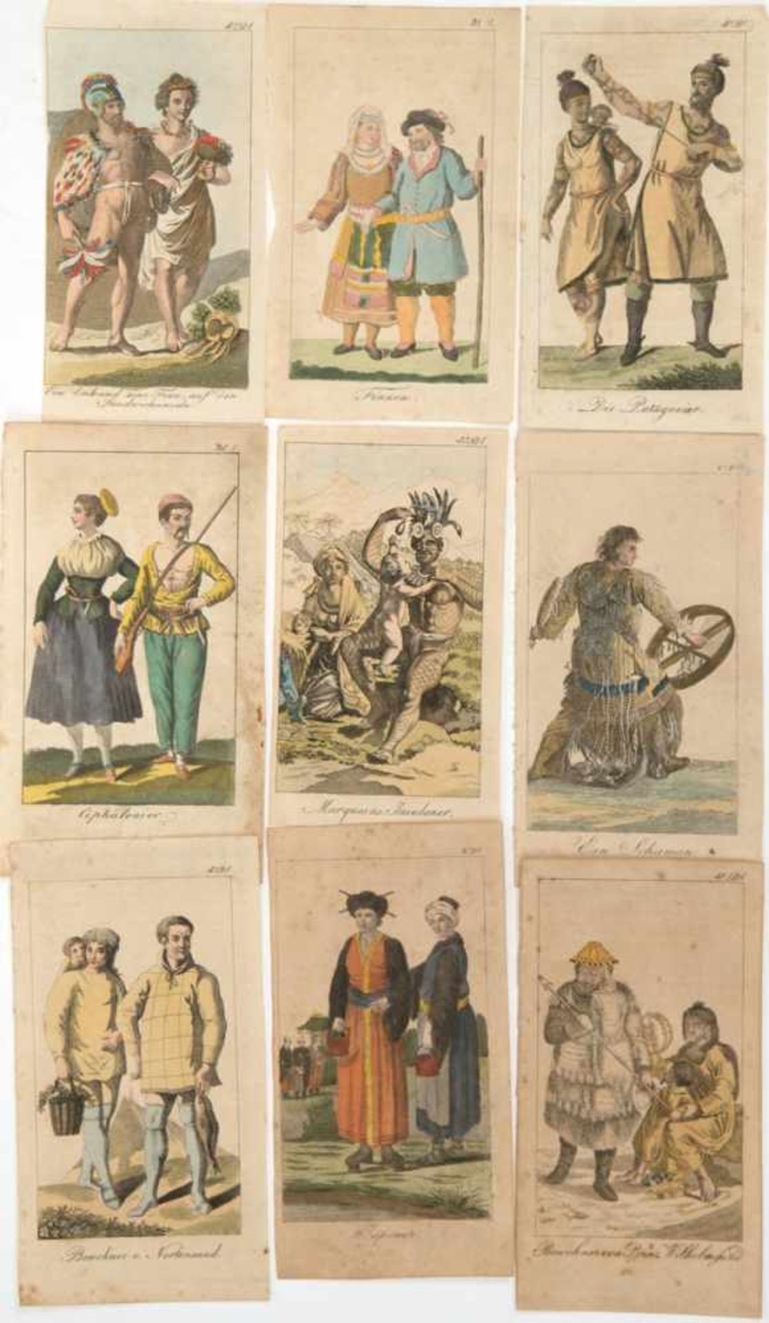 10 kolorierte Stiche "Völkergruppen verschiedener Kontinente", um 1780, jeweils mittigbetitelt, je10