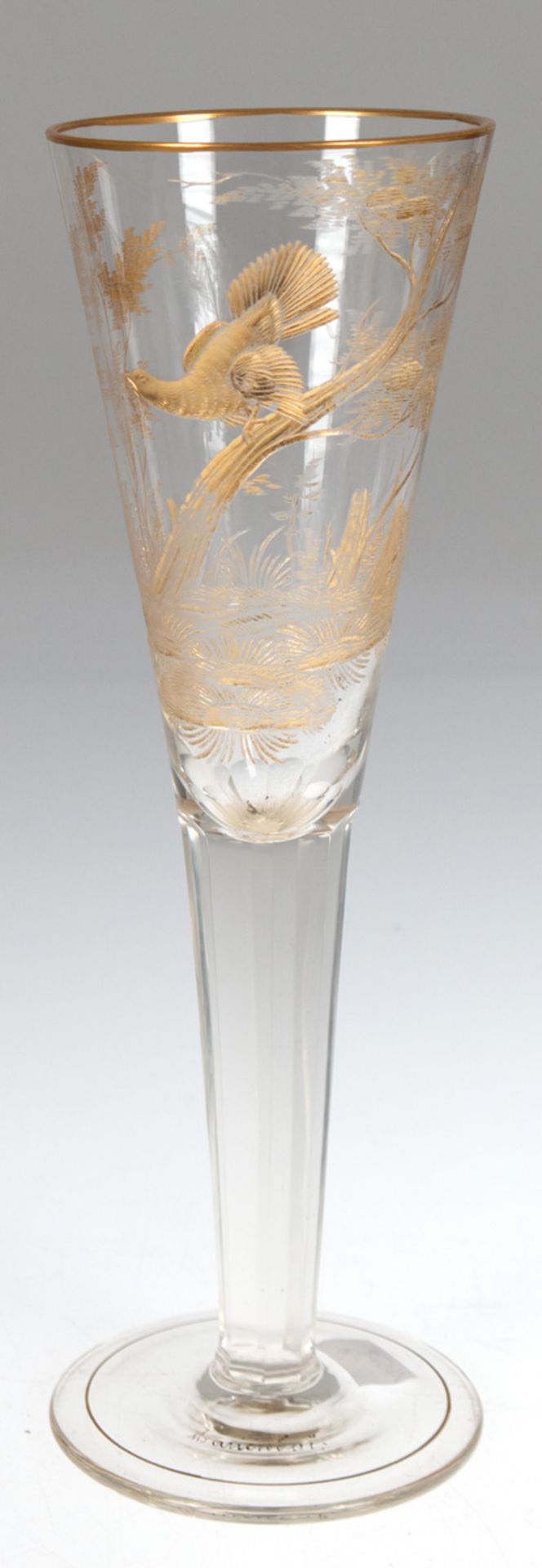 Pokalglas, Schlesien, um 1870-1900, Klarglas mit geschliffenem Jagdmotiv, Goldstaffage, H.30 cm