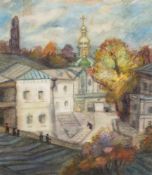 "Kirchenplatz im Herbst" Aquarell, unign., verso auf Aufkleber bez. Gawrilenko und dat.'94, 40x30,