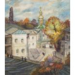 "Kirchenplatz im Herbst" Aquarell, unign., verso auf Aufkleber bez. Gawrilenko und dat.'94, 40x30,