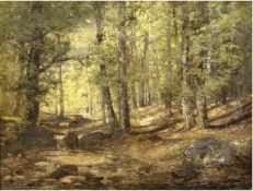 Maler des 20. Jh. "Der Waldspaziergang", Öl/Lw., undeutl. sign. u.r., 1 kl. Loch u.r.,55x68 cm,