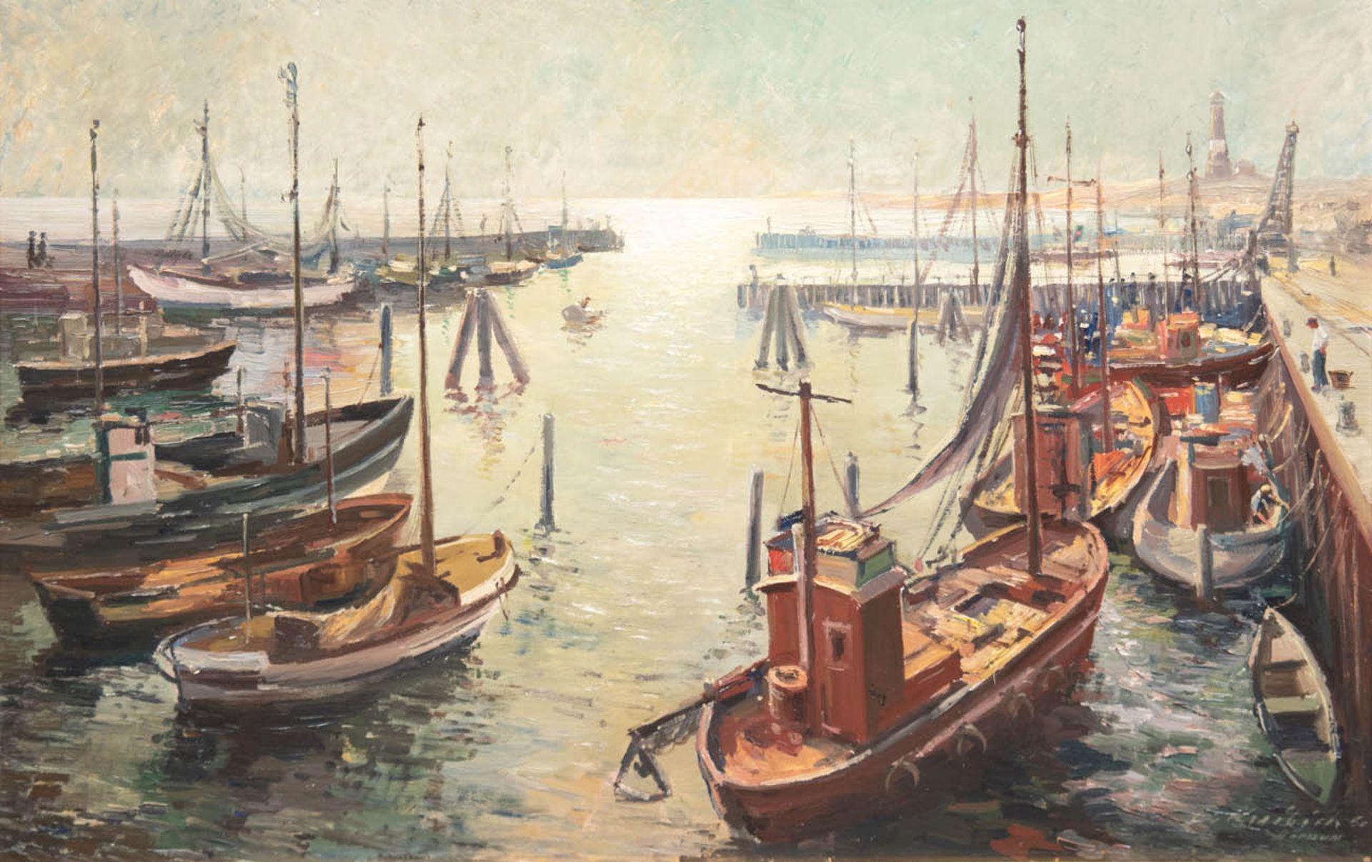 Kreibich, O. "Hafen von Hörnum auf Sylt", Öl/Hartfaser, sign. und bez. u.r., dat. '50,70x107 cm,