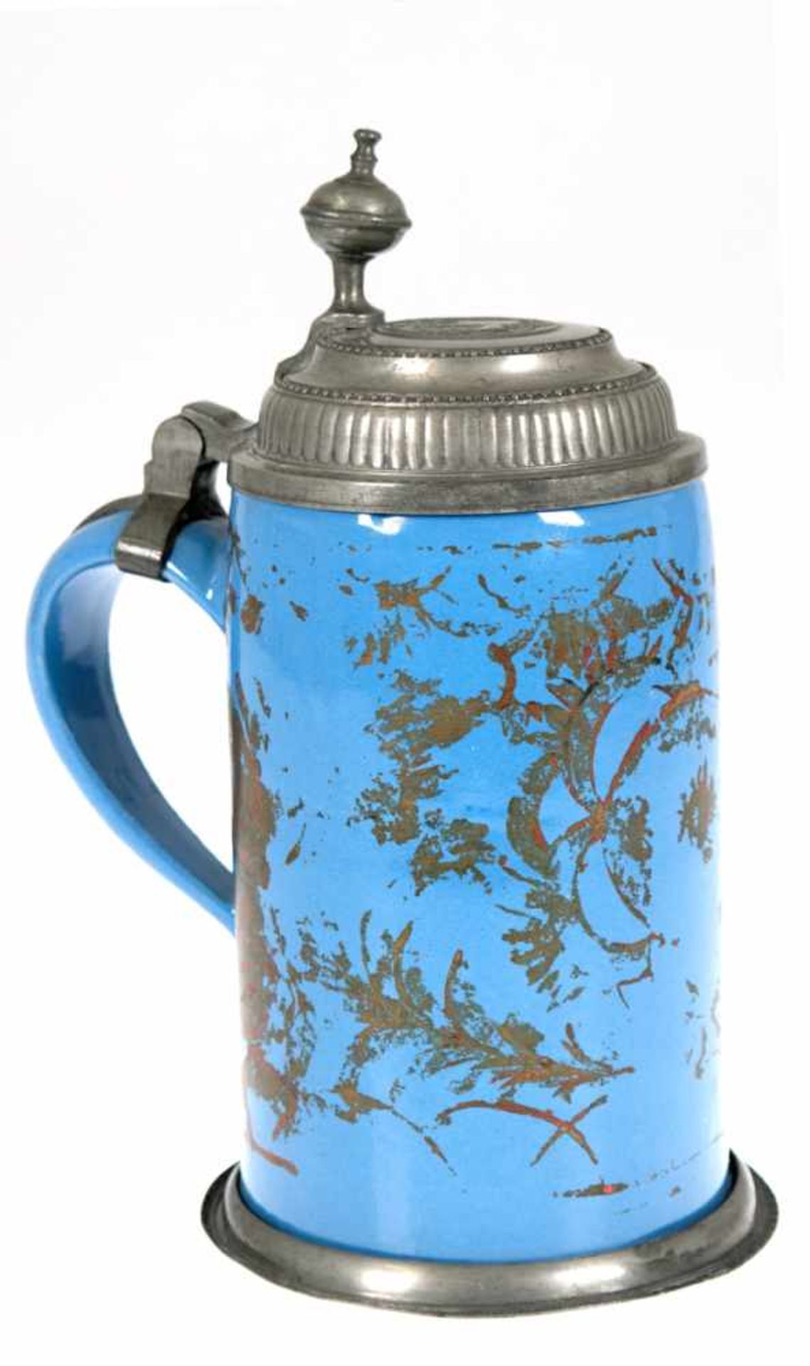 Walzenkrug, wohl Schrezheim 19. Jh., Korpus mit hellblauer Glasur, floraleAufglasurmalerei in - Bild 2 aus 3
