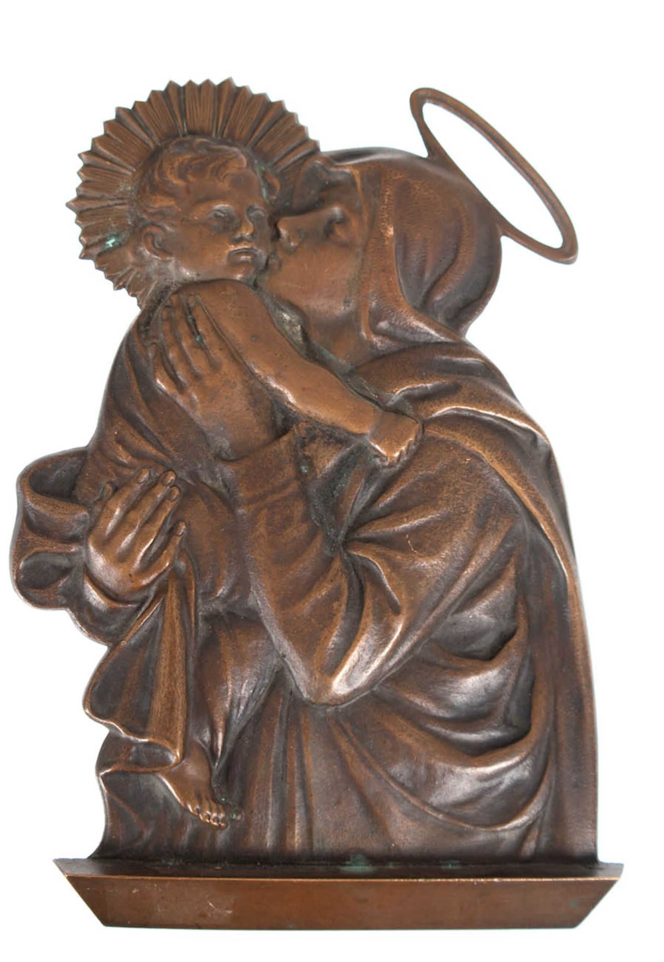 Bronze-Relief "Madonna mit Kind", um 1900, rückseitig mit 2 Schrauben, H. 25,5 cm