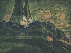 Illies, Arthur (1870 Hamburg-1953 Hamburg) "Blick auf Kirchturm", Farblitho, 28,5x34 cm,im