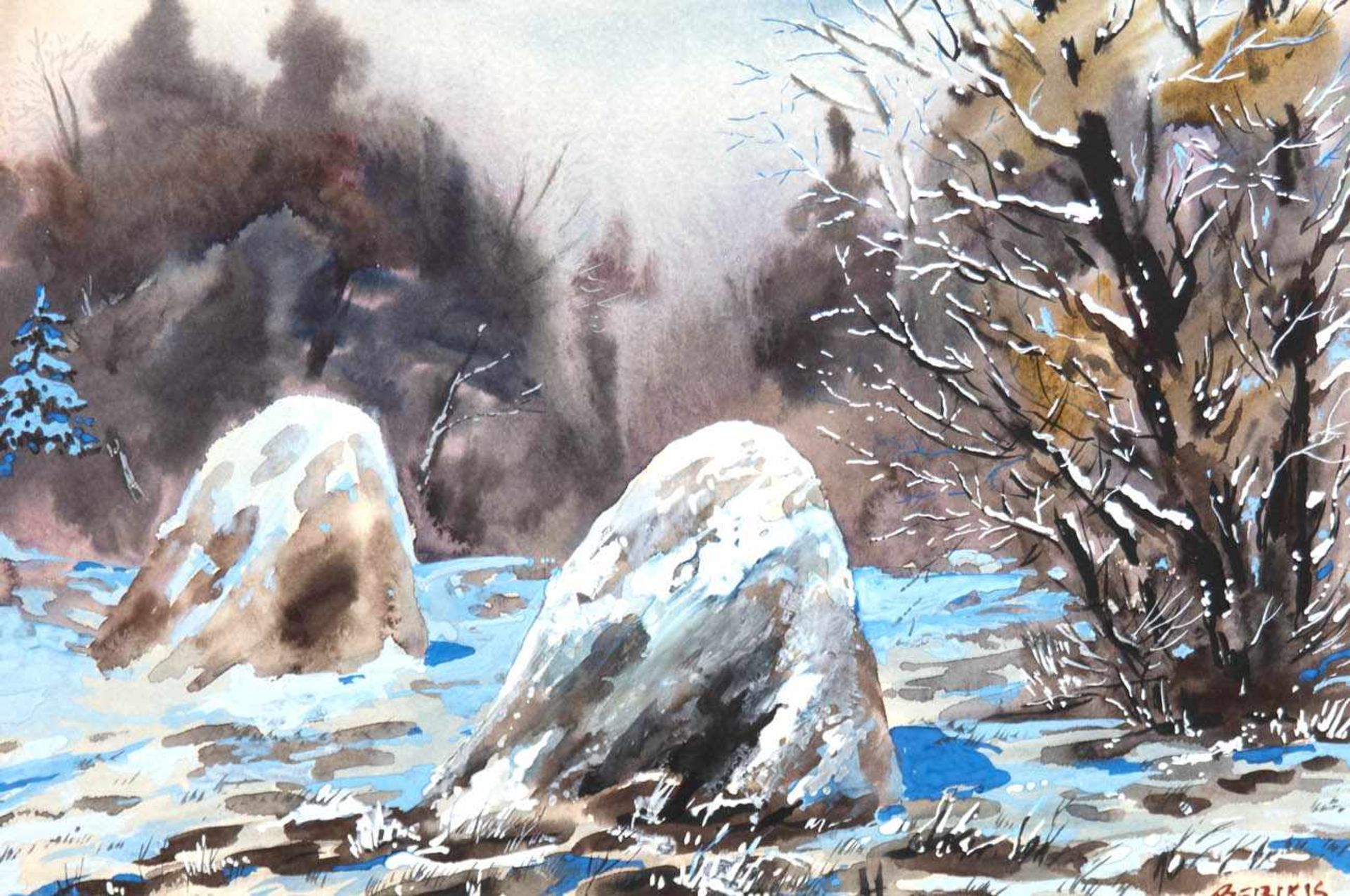 Berzikis, Janis (1946-1998) "Landschaft mit Bachlauf", Aquarell, weiß gehöht, sign. u.r.,28x40 cm,