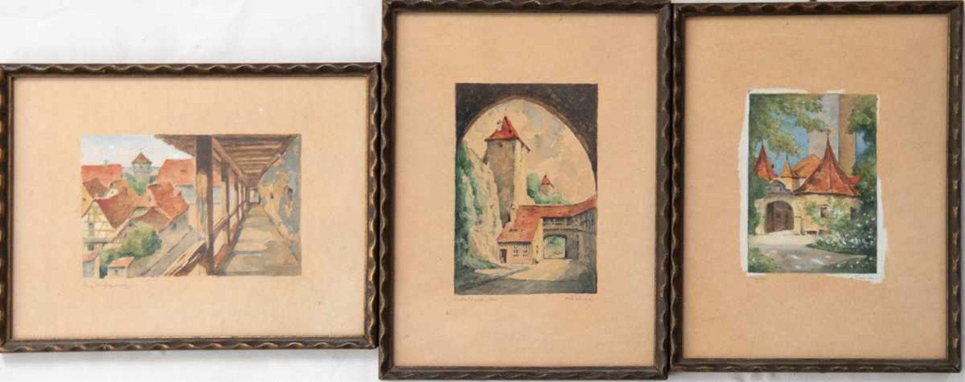 Konv. 3 Aquarelle, Fiebiger, A., "Burgansicht", 9,5x6,5 cm, "Im Laubengang", 6x9,5 cm, u."Konv. 3