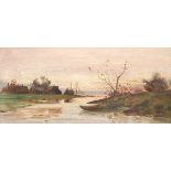 Landschaftsmaler um 1900 "Fischerdorf", Öl/Lw. auf MP aufgezogen, unsign., 15x32 cm,Rahmen