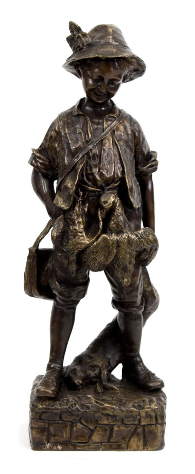 Skulptur "Wilddieb", um 1880-1900, Bronze, braun patiniert, undeutl. sign., Junge mit Hutund