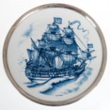 Meissen-Wandteller "Segelschiff", Blaudekor mit Silberrand, Dm. 25,5 cm