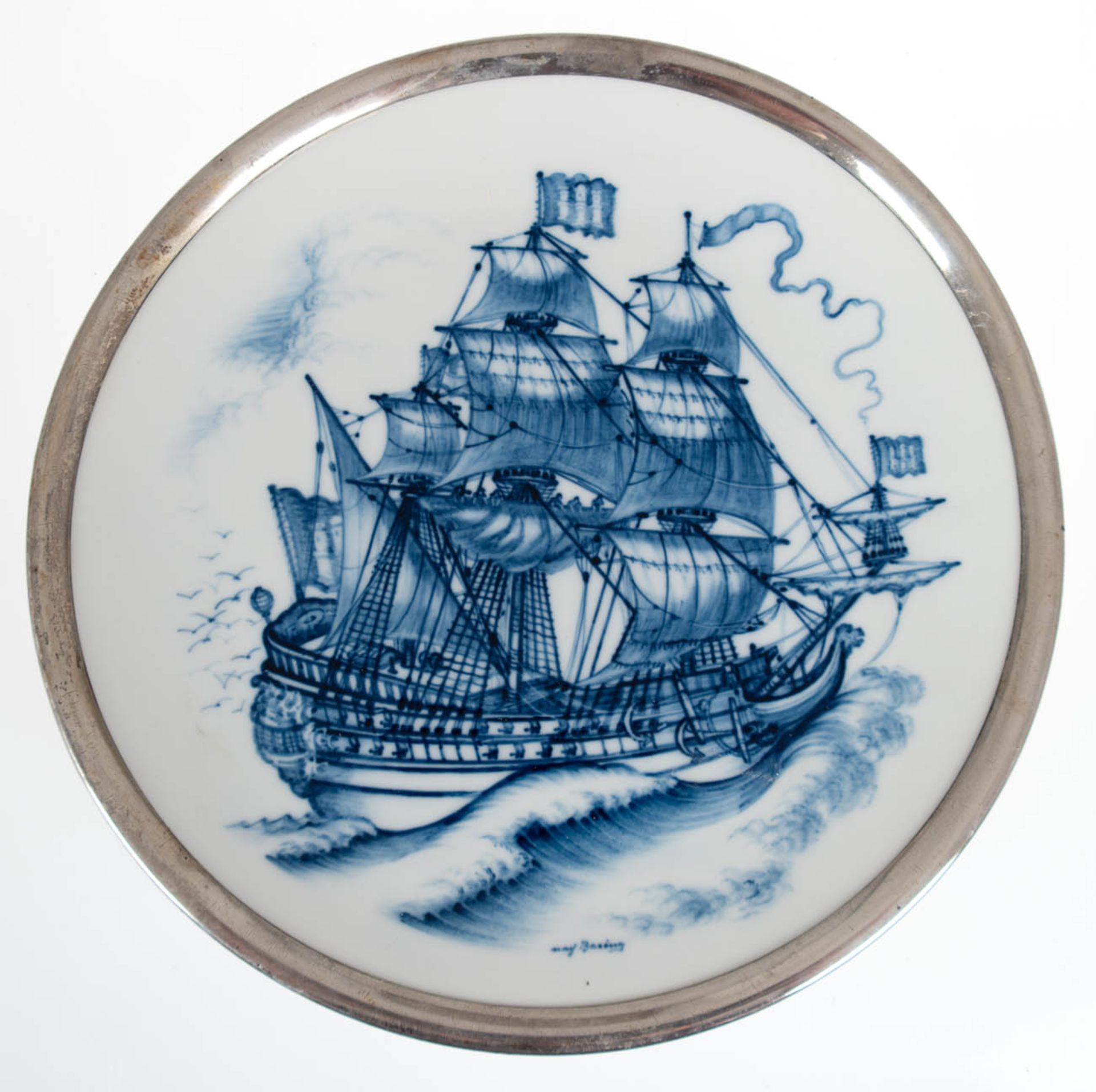 Meissen-Wandteller "Segelschiff", Blaudekor mit Silberrand, Dm. 25,5 cm