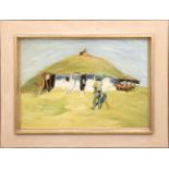 "Sommertag vor der Hütte", Öl/Lw., unsign., um 1920, 40x60 cm, aufwendig gerahmt mitBlattvergoldung