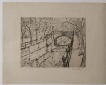 Hübner, Ulrich (1872 Berlin-1932 Neubabelsberg/Berlin) "Stadtbrücke über Fluß", Radierung,27x20,5