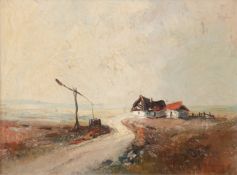 "Puszta-Landschaft mit Ziehbrunnen", Öl/Hartfaser, undeutl. sign. u.r., 30x40 cm, Rahmen