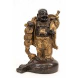 Happy Buddha-Hotai-Buddha, China 19. Jh.,Bronze, partiell braun patiniert, auf einemGeldsack