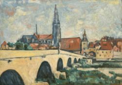 Impressionist 20. Jh. "Stadtansicht mit Brücke", Öl/Hartfaser, undeutl. sign. u.r. unddat. '67, 44,