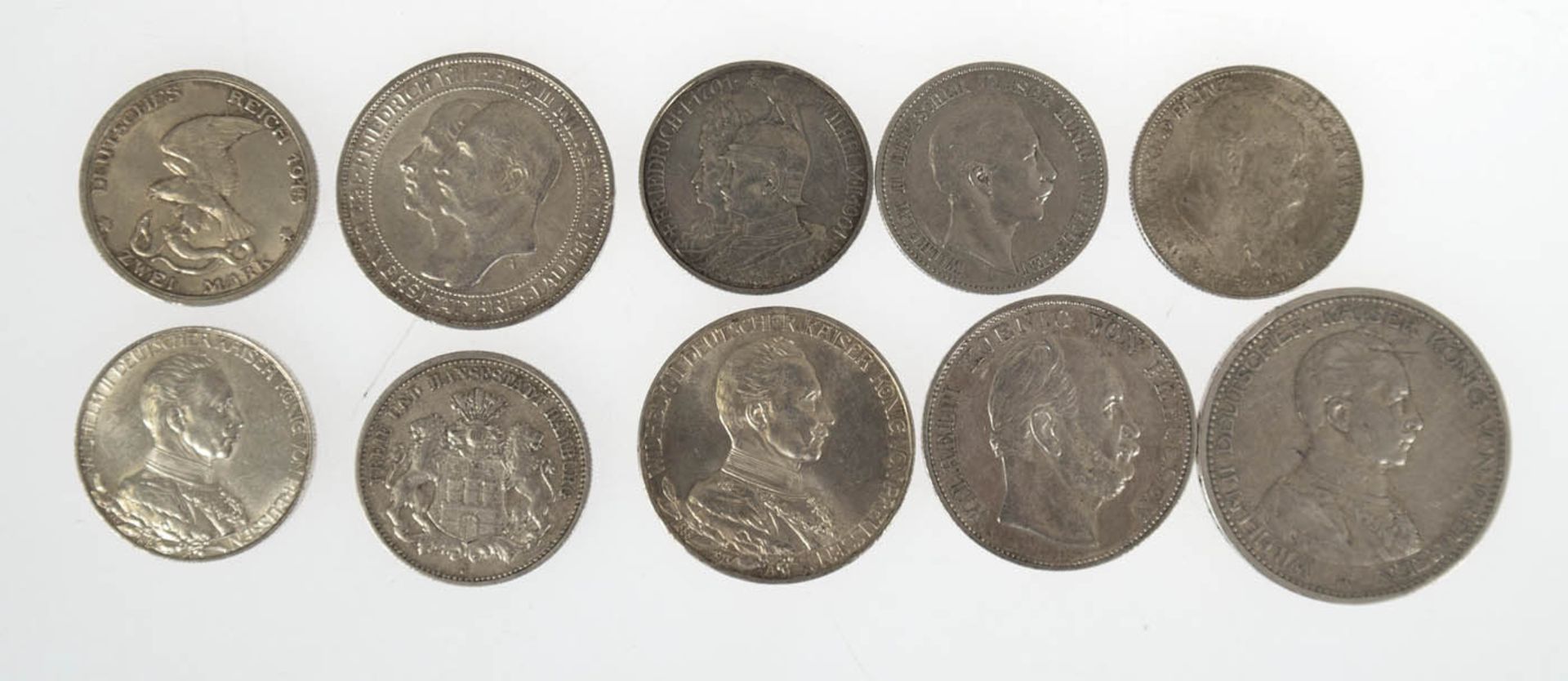 Konvolut von 10 Silbermünzen, Preussen, dabei 5 M, 1913 A, 2x 3 M, 1911 A und 1913 A, 6x 2M, 1896 A,
