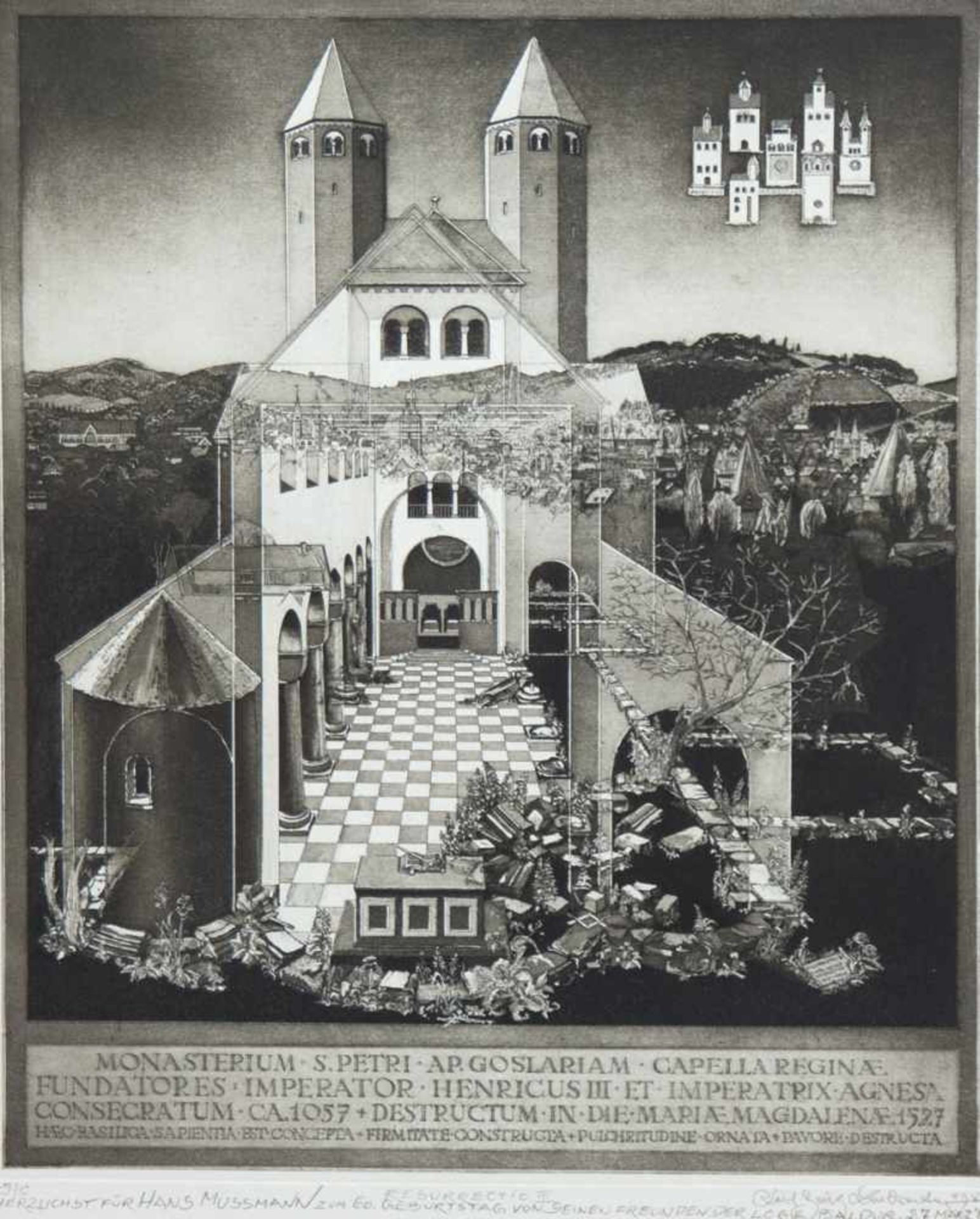 "Monasterium S.Petri AP.Goslariam..", Freimaurer-Grafik, undeutl. handsign. u.r. und dat.1983, mit