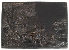 Eisengußplatte "Jäger mit Hund vor Ruine im Wald", um 1920, schwarz gefaßt, 27,5x39 cm