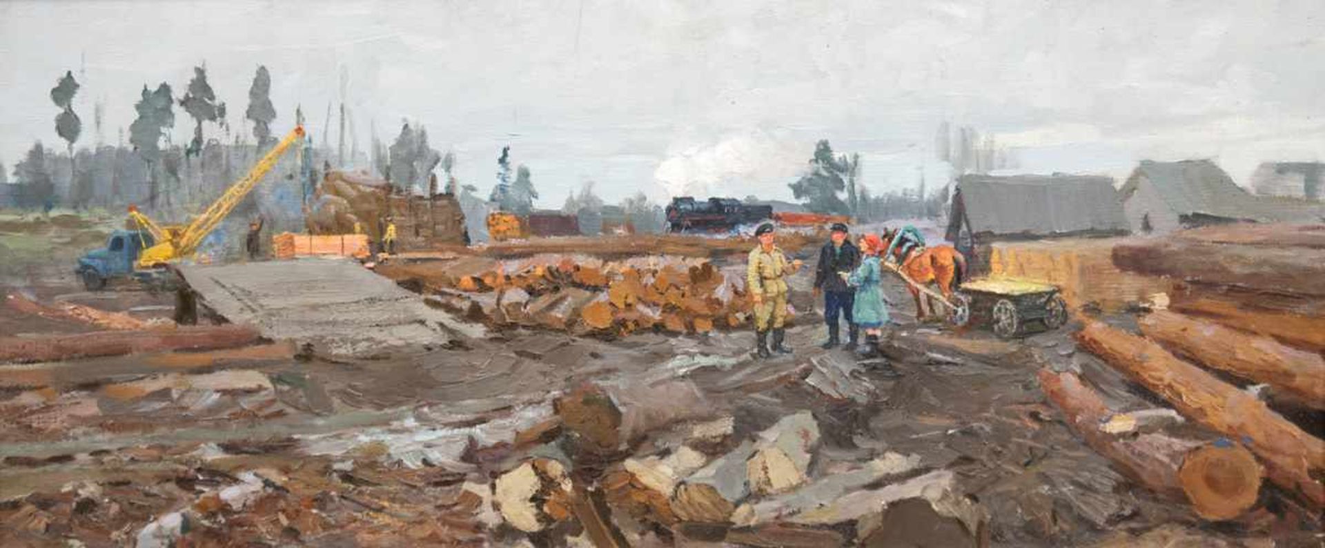 Safonov "Holzhandel an der Eisenbahnstation", Öl/Lw., verso sign. und bez., 44x97 cm,Rahmen