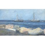 Maler 19.Jh. "Segelschiffe vor der Küste", Öl/Lw., unsign., 40x63 cm, Rahmen BerlinerLeiste