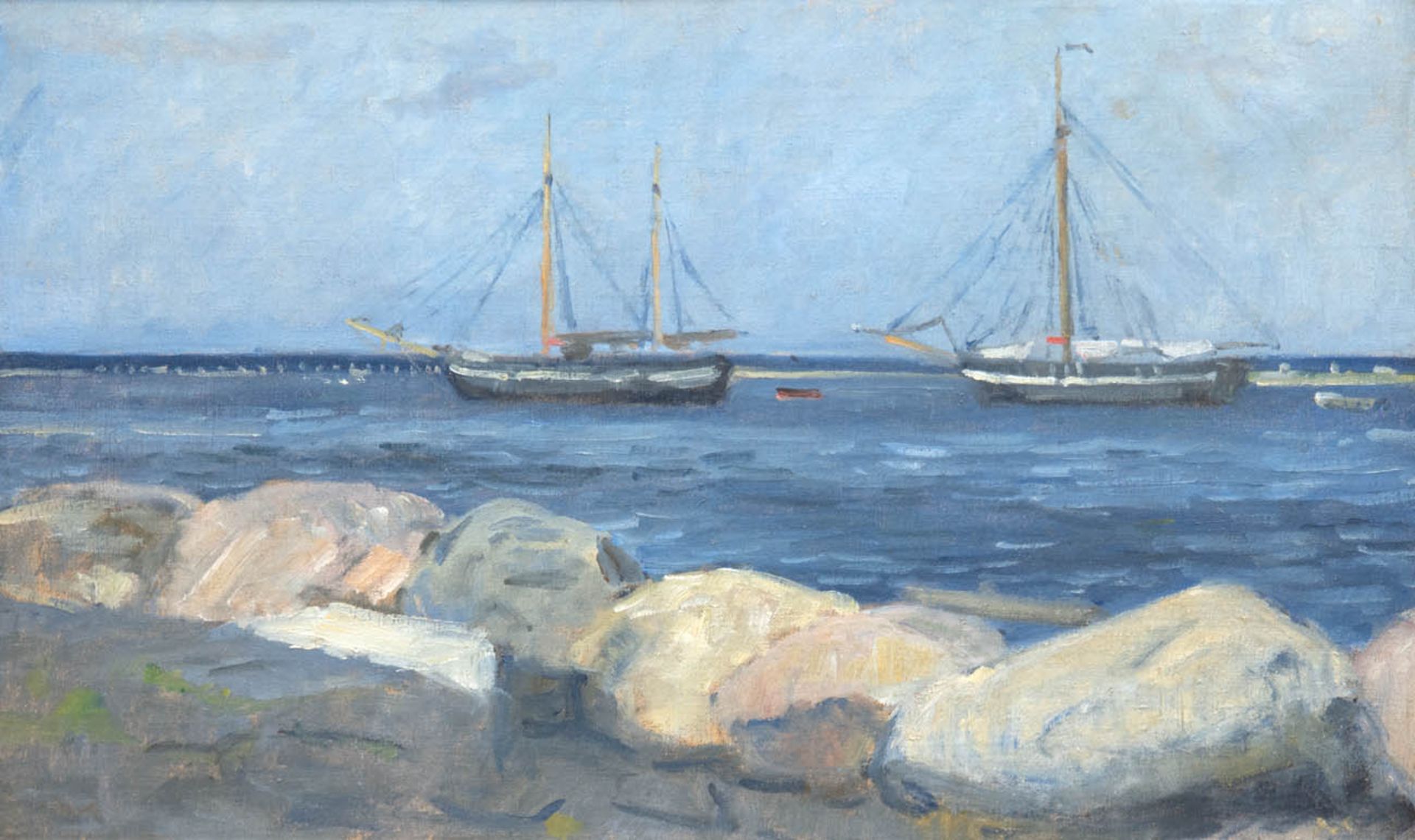 Maler 19.Jh. "Segelschiffe vor der Küste", Öl/Lw., unsign., 40x63 cm, Rahmen BerlinerLeiste