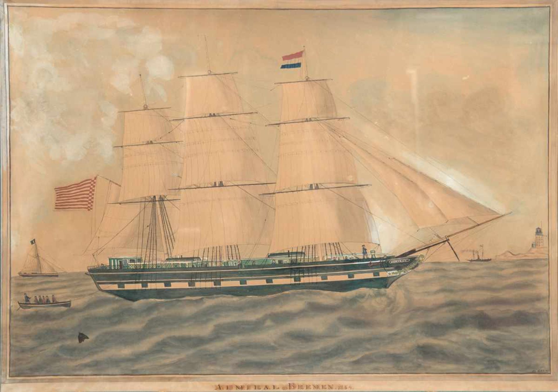 "Admiral Bremen 1854", Aquarell, undeutl. sign. u.r.,51x66 cm, im Passepartout hinter Glasund