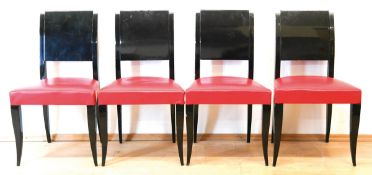 Art-Deco-Tisch und 4 Stühle, Schwarzlack, über rechteckiger Fußplatte Fußgestell mitbeidseitig je