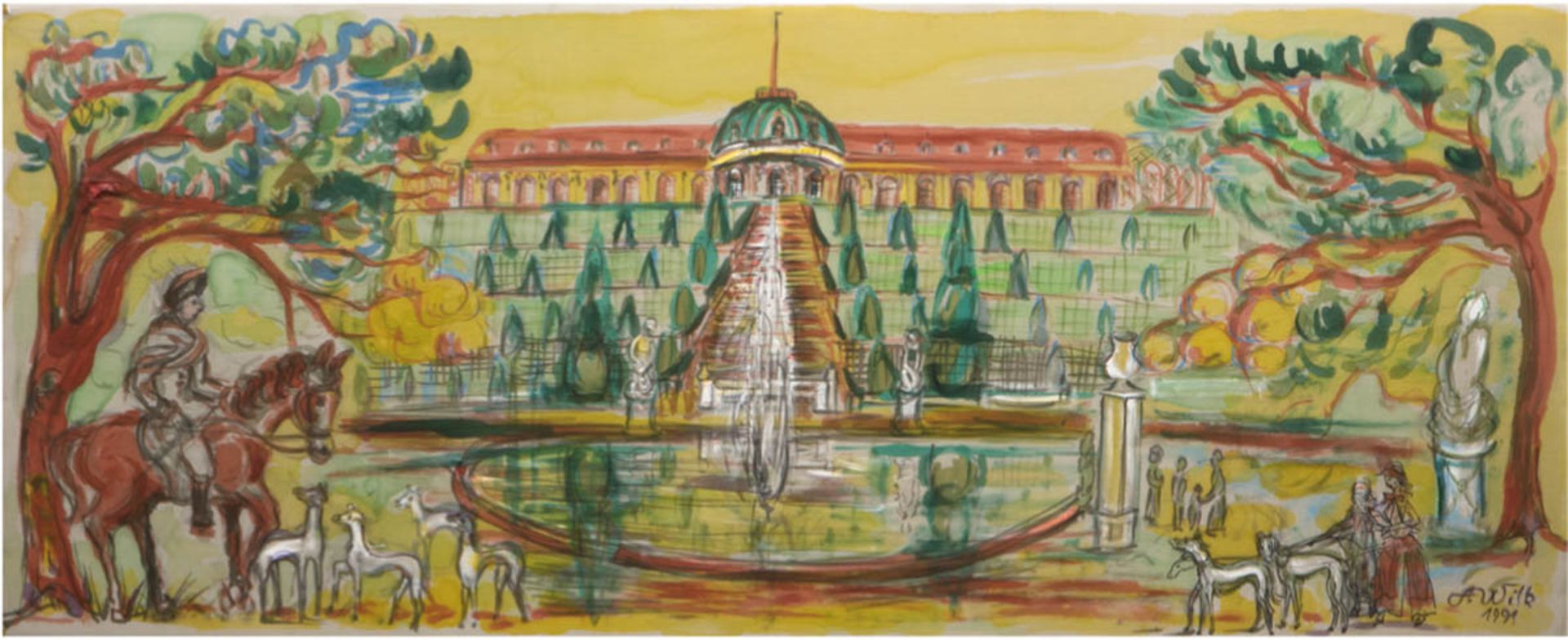 Lemke-Wilk, Anneliese (1921 Blumenau/Brasilien) "Sanssouci", Seidenmalerei, signiert unddatiert 1991