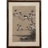 Motonobu, Kano "Vogel auf blühendem Zweig", Grafik, verso. bezeichnet, 30x20 cm, hinterGlas und
