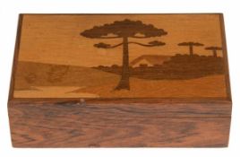 Schatulle, Holz, Deckel mit Landschaftsintarsie, 4,5x14x9 cm