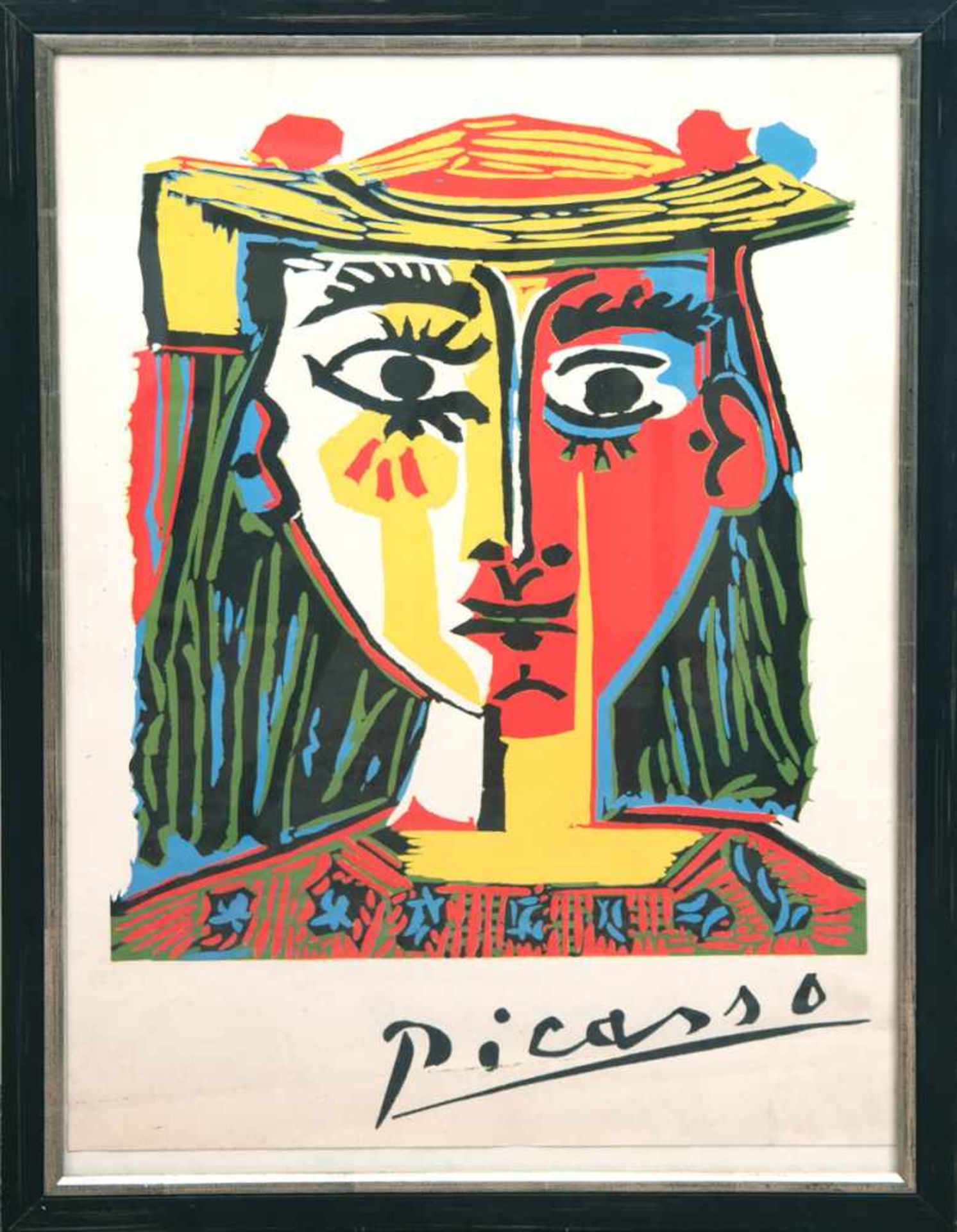 Plakat von Pablo Picasso "Frau mit Hut", Litho., sign. Picasso, 61x42,5 cm, hinter Glasund Rahmen