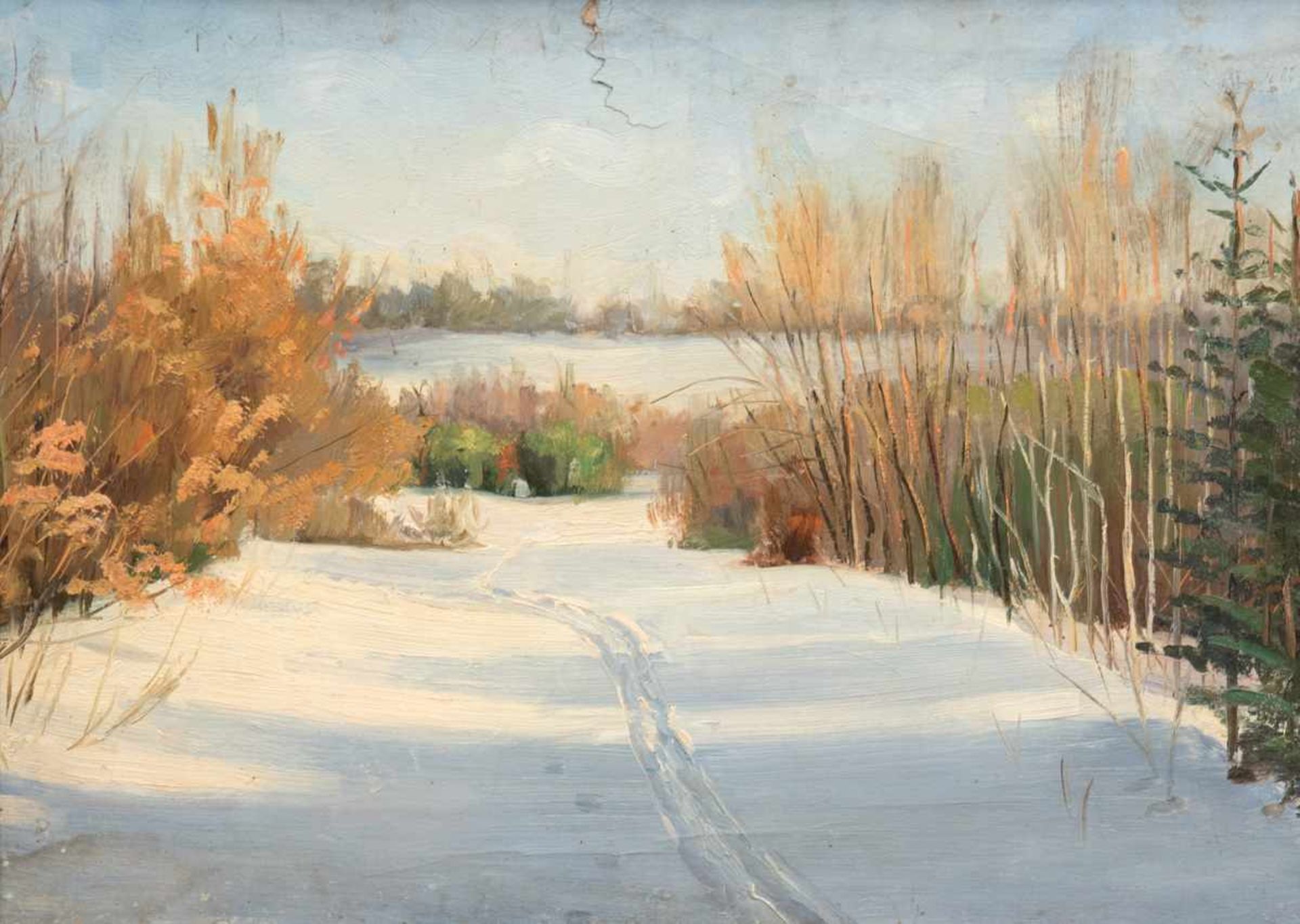 Russischer Maler "Winterlandschaft" Öl/Mp., 50er Jahre, verso bez. Samogin, N., Farbapl.am
