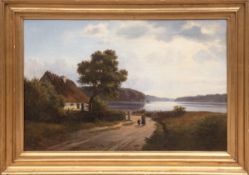 Dänischer Maler des 19. Jh. "Bauernhaus am See mit Personenstaffage", Öl/Lw., kl.Druckstelle im