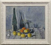 "Stilleben mit Zitronen, Orangen auf Teller und Weinflasche", Öl/Holz, unsign., 50x58 cm,Rahmen