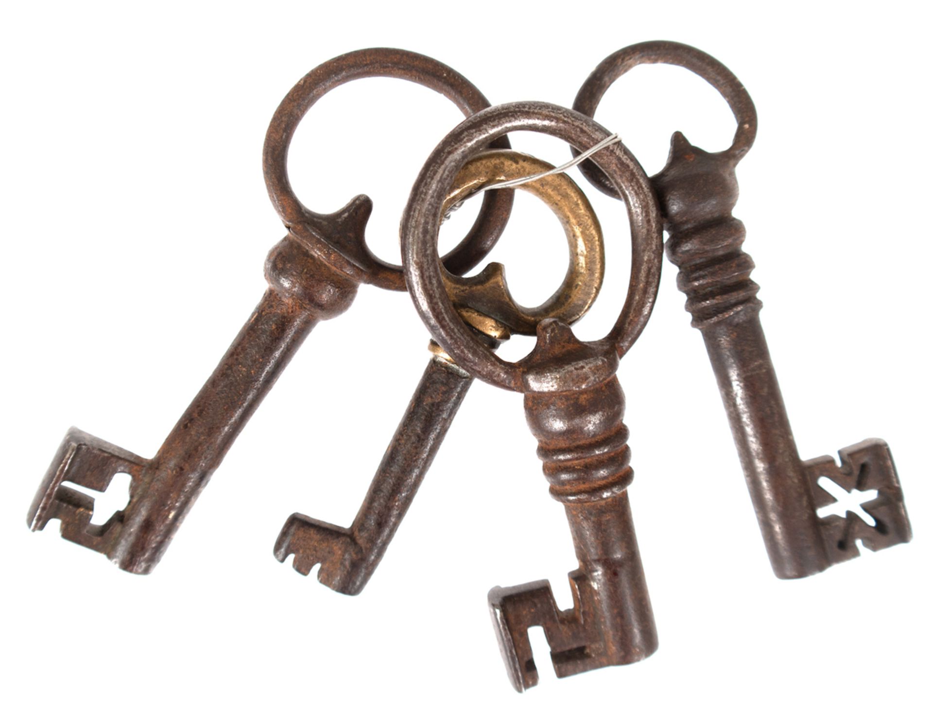 Konvolut von 4 Barock-Schlüsseln, Hohldorn, Eisen, 1x mit Bronzegriff, L. 7,5 cm bis 10 cm