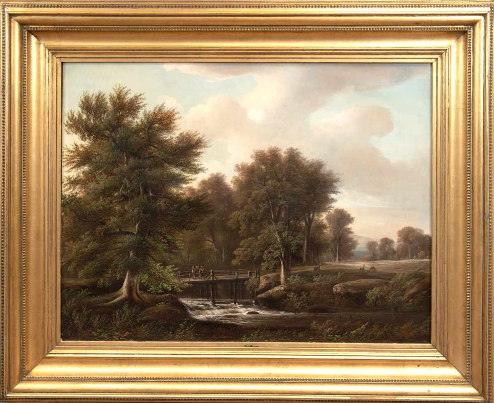 Becker, August (1822 Darmstadt- 1887 Düsseldorf) "Parklandschaft mit kleinem Wehr,Personen auf - Bild 2 aus 3