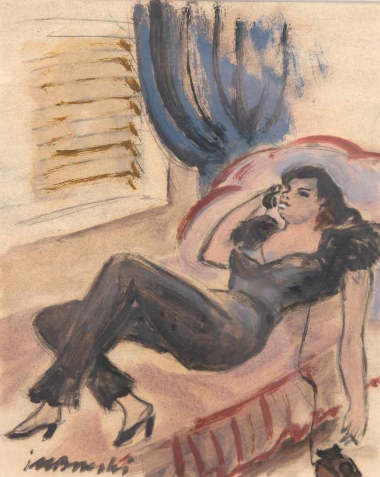 Brzeski, Janus Maria (1907 Warschau/Polen-1957 Krakau/Polen) "Junge Frau beim Telefonat",Aquarell/