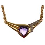 Collier, 585er GG, Mittelteil besetzt mit 8 Brillanten von zus. ca. 0,08 ct. und Amethyst,ges. 13,83