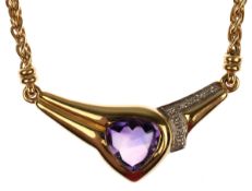 Collier, 585er GG, Mittelteil besetzt mit 8 Brillanten von zus. ca. 0,08 ct. und Amethyst,ges. 13,83