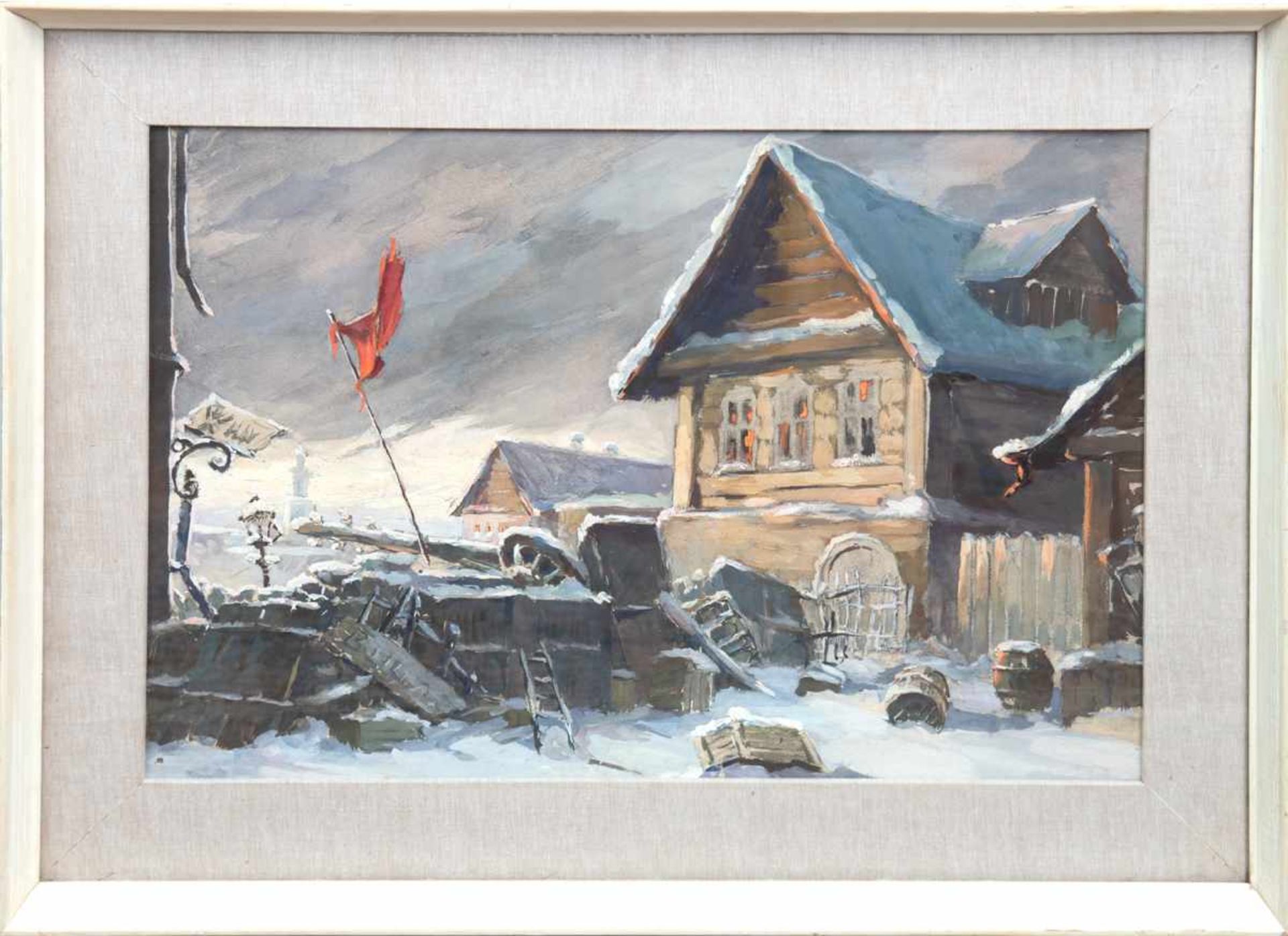 Russischer Maler 60er Jahre "Gehöft im Winter", Aquarell, unsign., 45x63 cm, hinter Glasim - Bild 2 aus 2