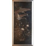 Japanisches Seidenstickbild "Stehende Reiher in der Natur", 132x56 cm, hinter Glas undRahmen