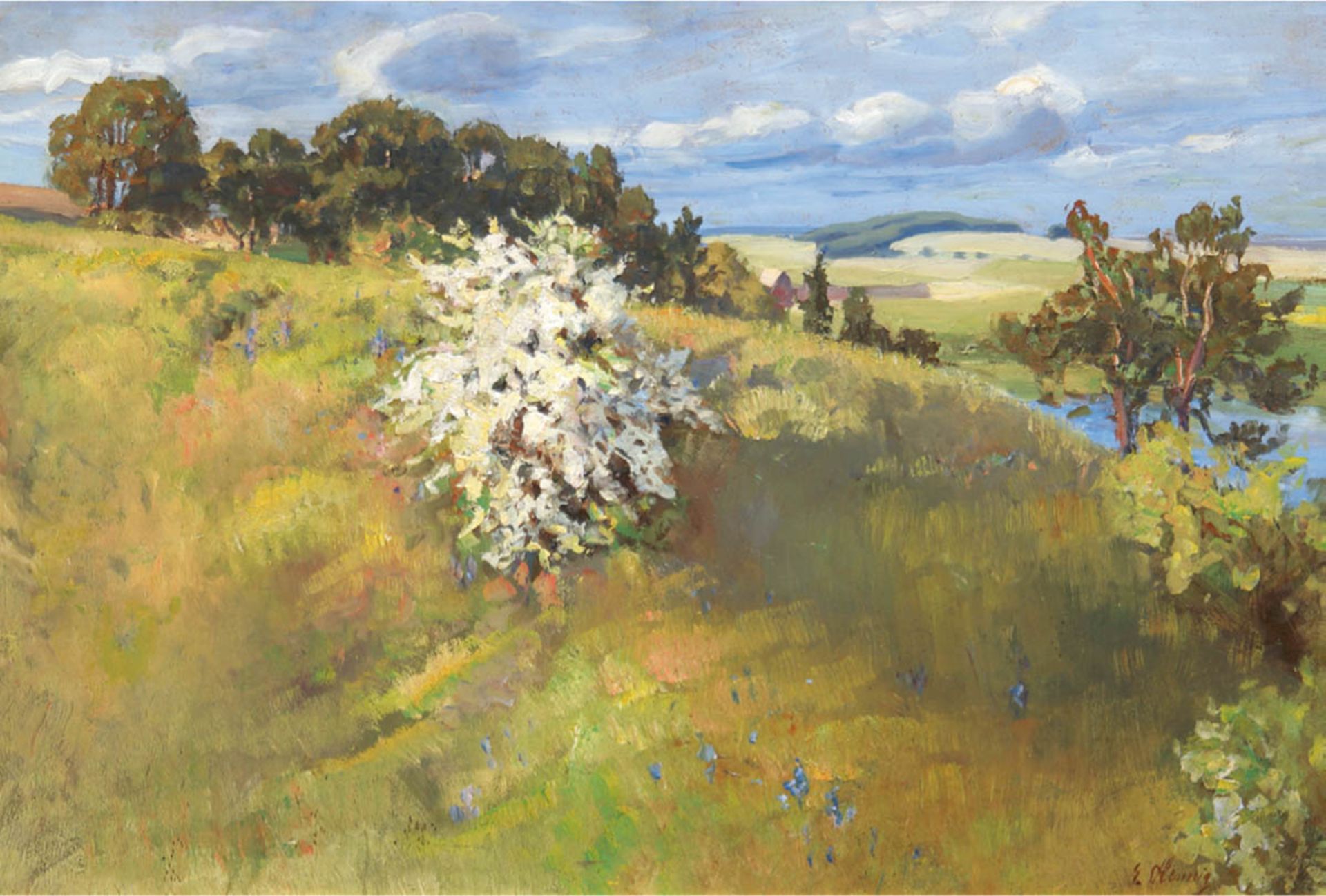 Hennig, Erich (1875-1946) "Weißdornblüte in Küstenlandschaft", Öl/Lw., sign. u.r. 50x72cm, Rahmen