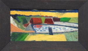 Maler des 20. Jh. "Nordeutsche Landschaft mitRapsfeldern", Öl/Lw./Hf., 18x35,5 cm, Rahmen