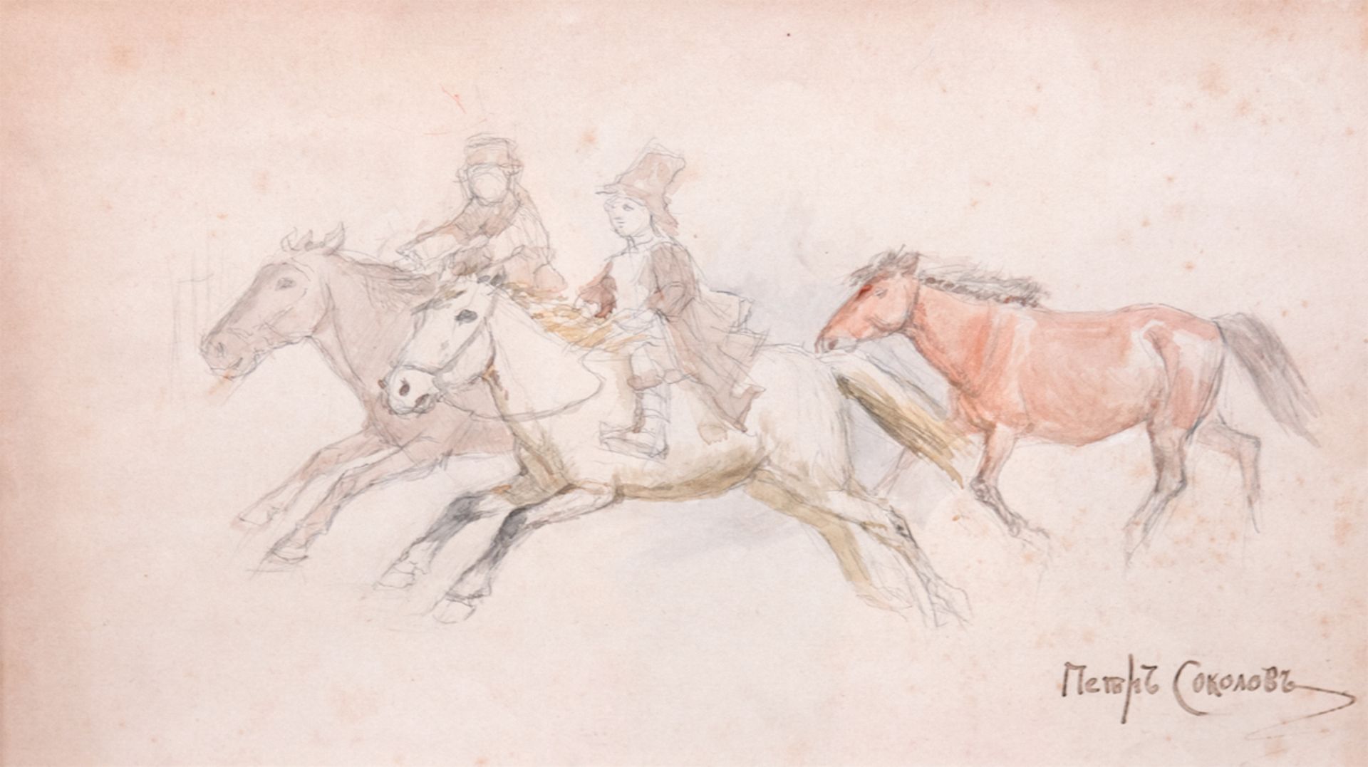 Sokolow, Petr "Zwei Reiter mit drei Pferden", Skizze, aquarellierte Bleistiftzeichnung,sign. u.r.,