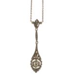 Art-Deco-Collier, 585er GG/WG, tropfenförmiger Abhang, mittig besetzt mit einemBrillanten, L. 3,2