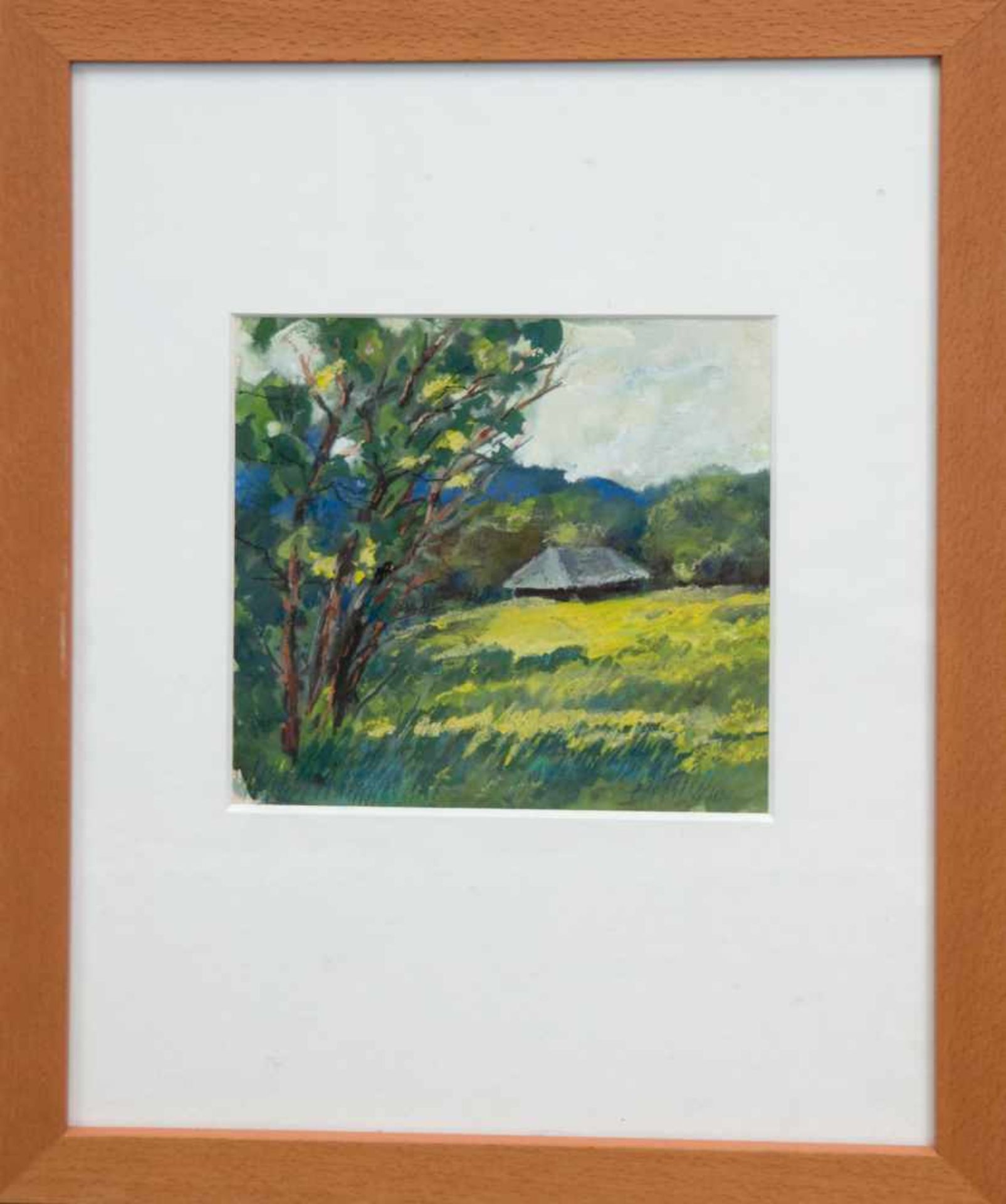 "Sommerlandschaft mit Blick auf ein Gehöft", Mischtechnik, unsign., 18x18 cm, imPassepartout - Image 2 of 2