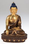 Skulptur "Buddha mit Erdberührungsgeste auf Lotusthron sitzend", Bronze, Gesicht feingemalt,